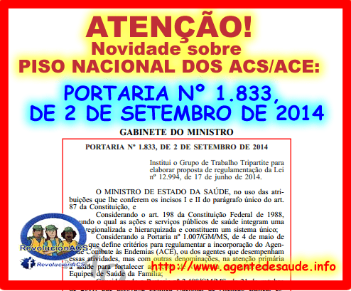 Nova portaria (nº 1.833 / 2014) Cria grupo para elaborar a regulamentação da  Lei nº 12.994 / 2014